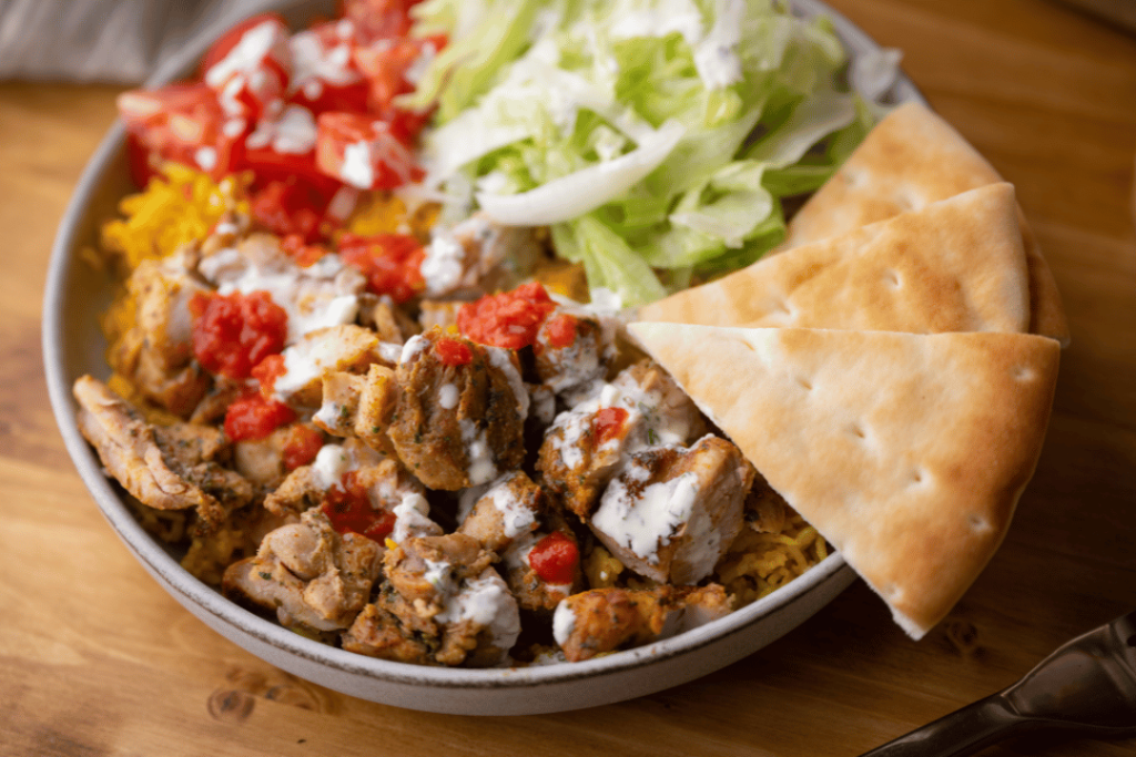 halal lamb bowl with fries